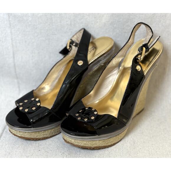 Michael Kors Women's Heels Black Patent Espadrille Wedge Size 6.5 - Picture 1 of 6